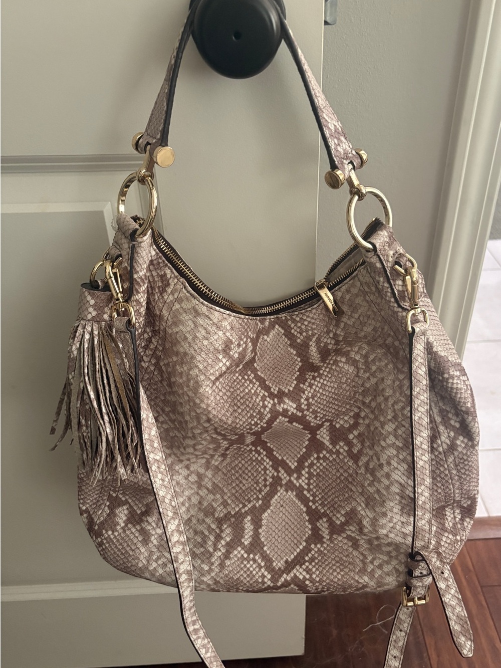 Michael Kors Python-Texture Hobo Bag in Taupe with Tassel Detail
